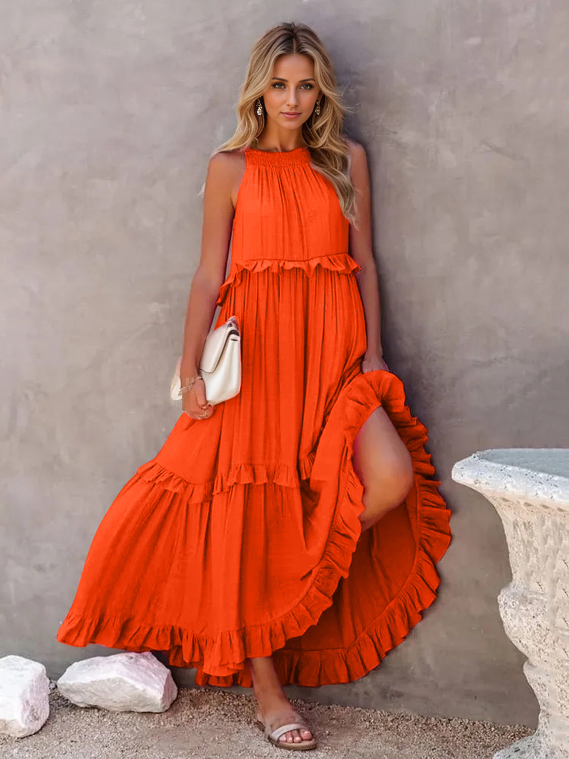 Ruffled Sleeveless Tiered Maxi Dress with Pockets - where wild roots grows