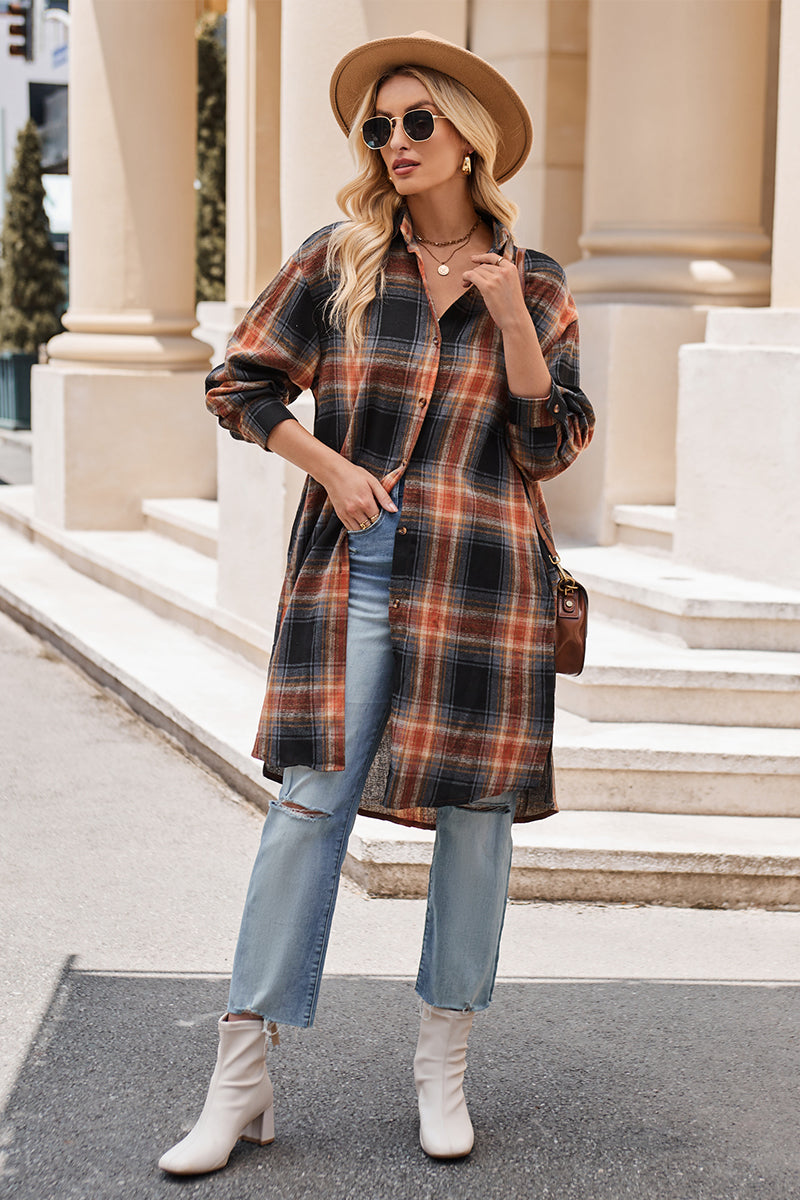 Mandy Plaid Collared Neck Long Sleeve Coat - where wild roots grows