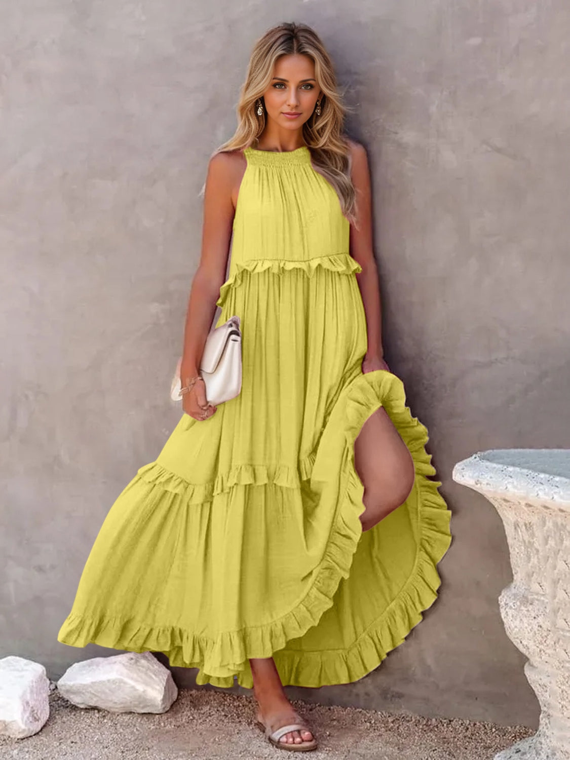 Ruffled Sleeveless Tiered Maxi Dress with Pockets - where wild roots grows