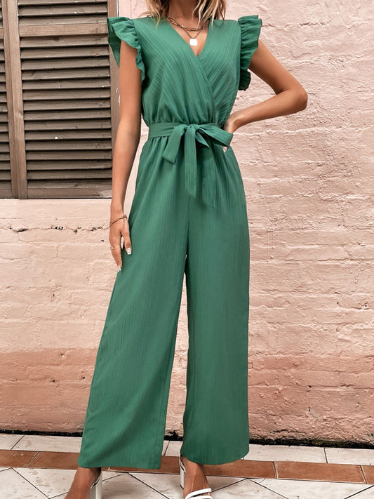 Ruffled Surplice Cap Sleeve Jumpsuit - where wild roots grows