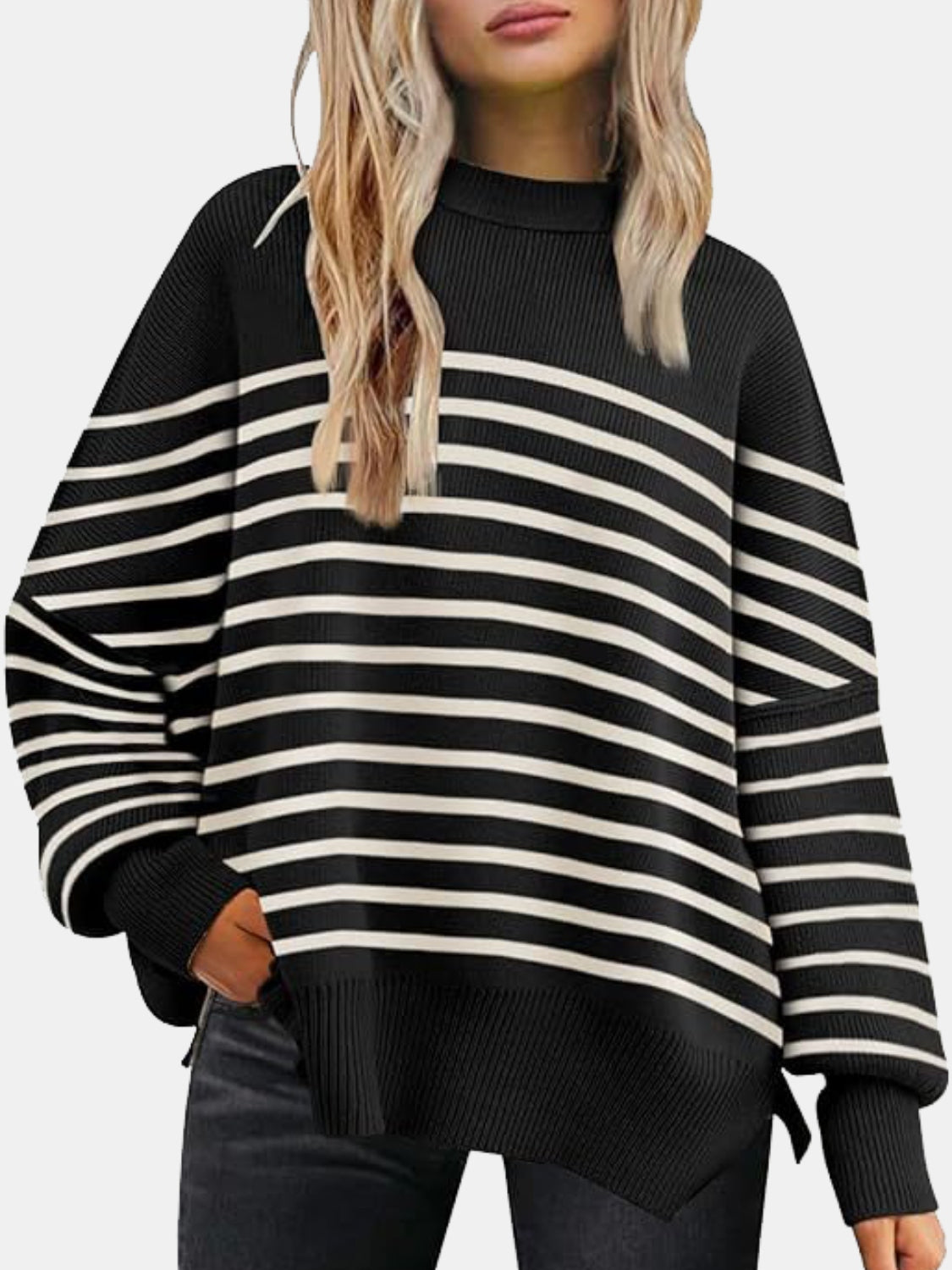 Round Neck Drop Shoulder Slit Sweater - where wild roots grows