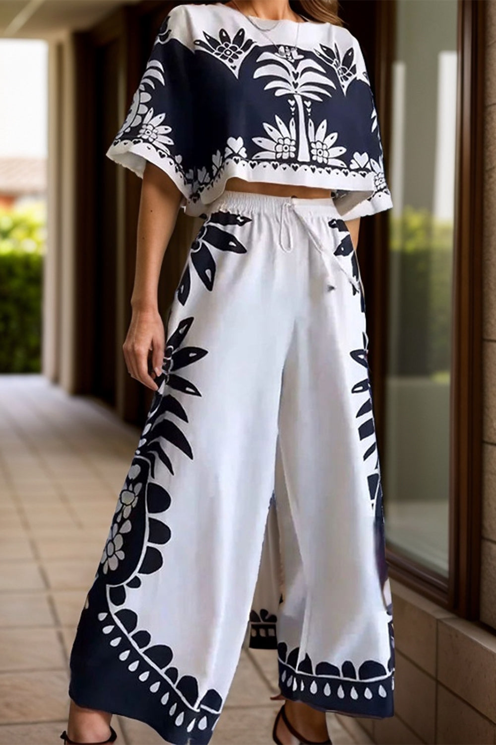 Printed Half Sleeve Top and Wide Leg Pants Set - where wild roots grows