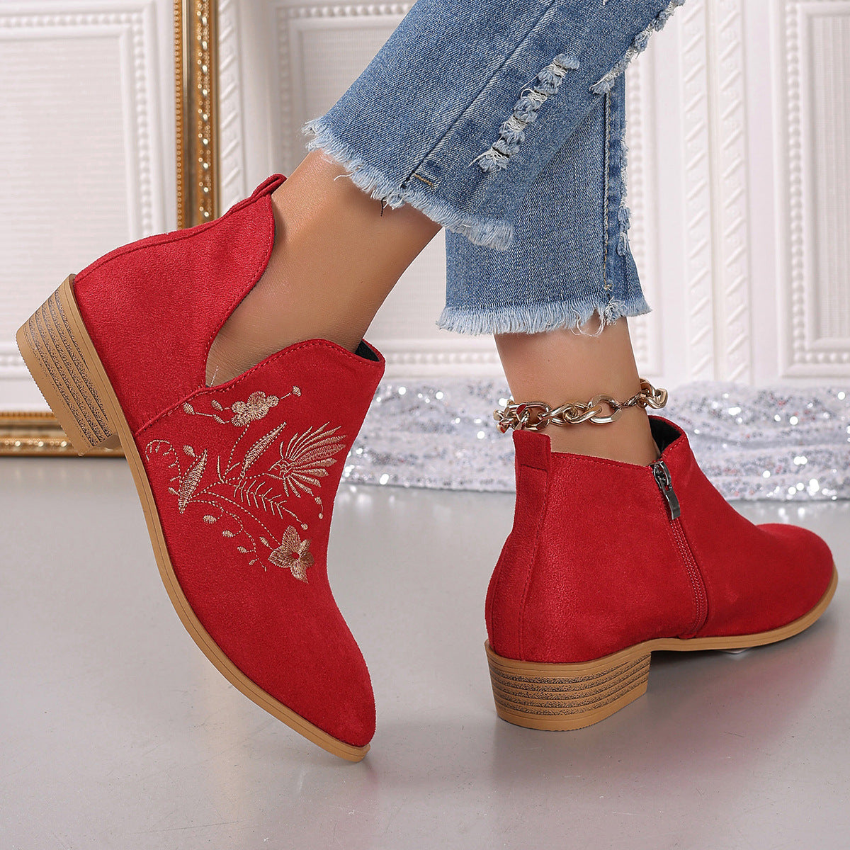 Embroidered Suede Point Toe Block Heel Boots - where wild roots grows