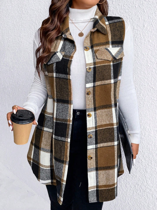 Honey Plus Size Pocketed Plaid Button Up Vest Coat - where wild roots grows