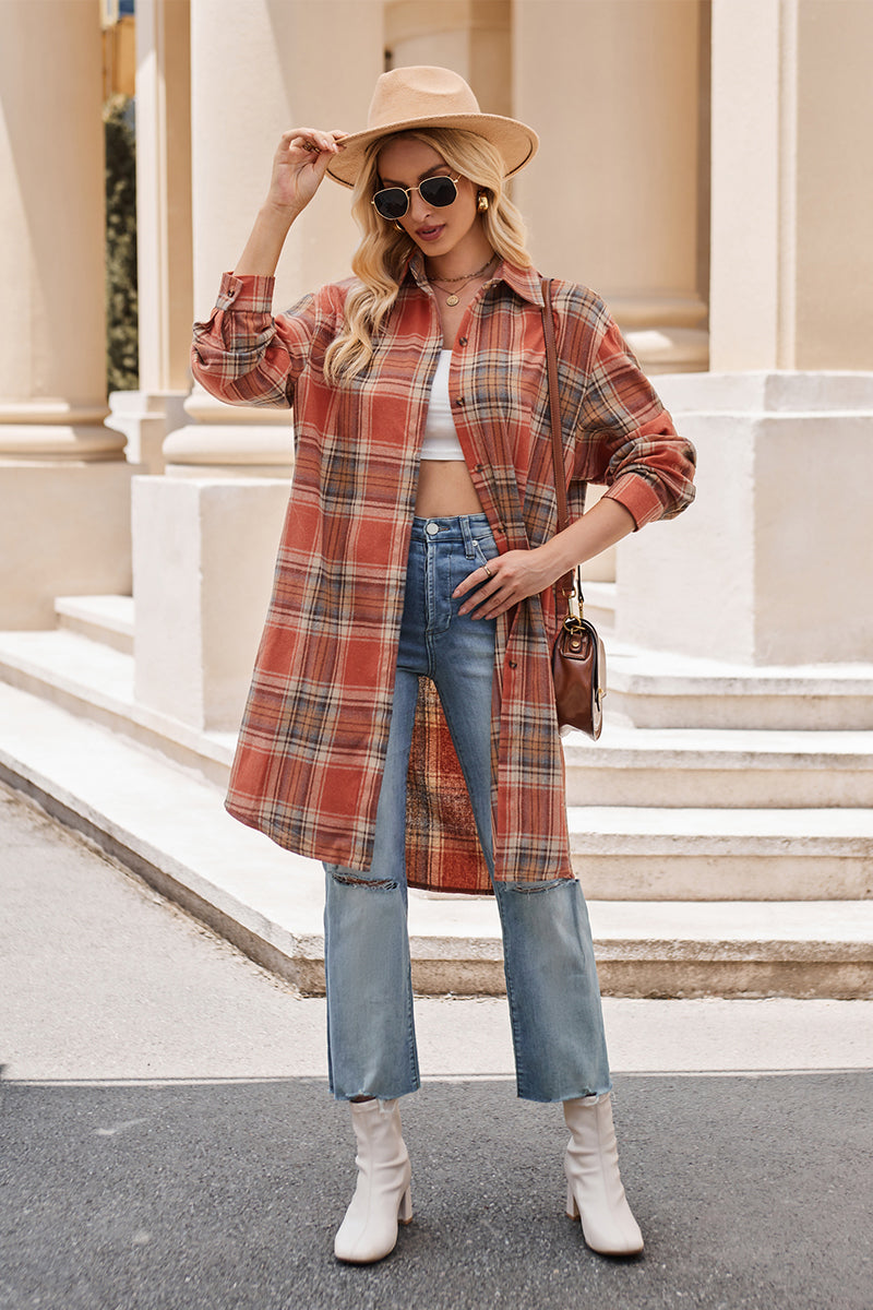 Mandy Plaid Collared Neck Long Sleeve Coat - where wild roots grows