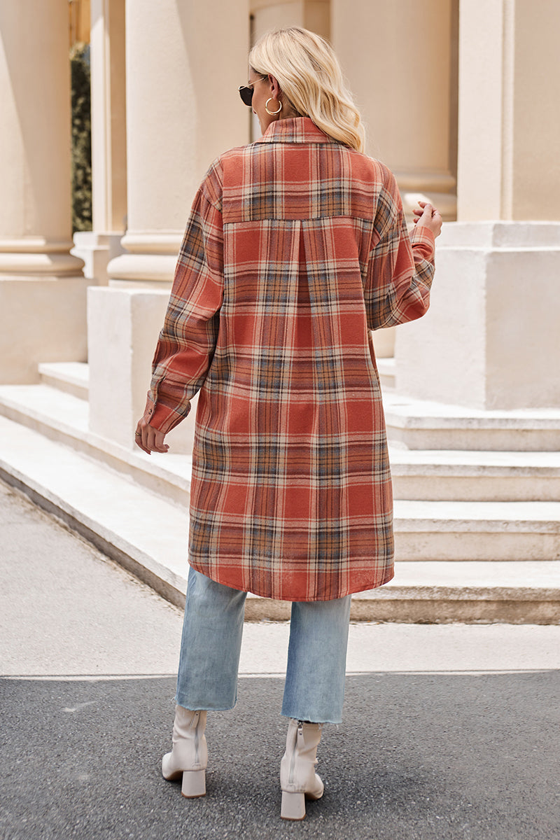 Mandy Plaid Collared Neck Long Sleeve Coat - where wild roots grows