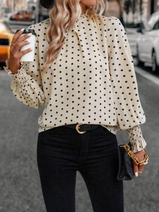 Polka Dot Mock Neck Long Sleeve Blouse - where wild roots grows