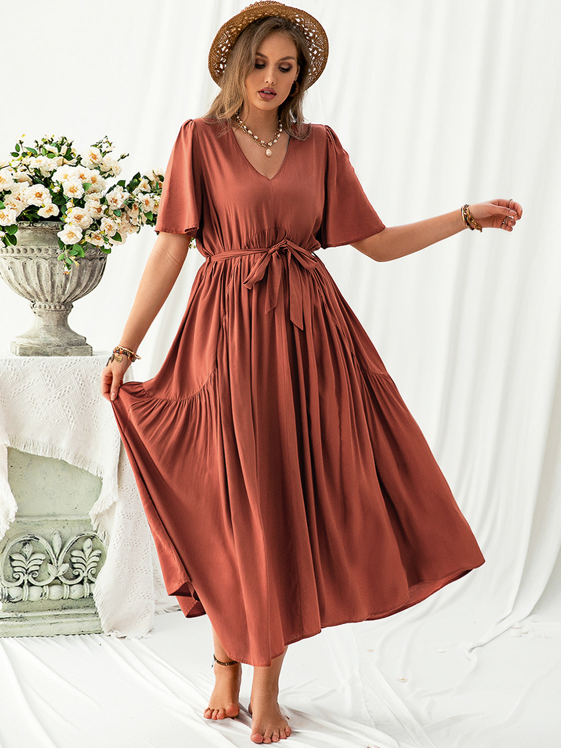 Plus Size V-Neck Flutter Sleeve Midi Dress - where wild roots grows