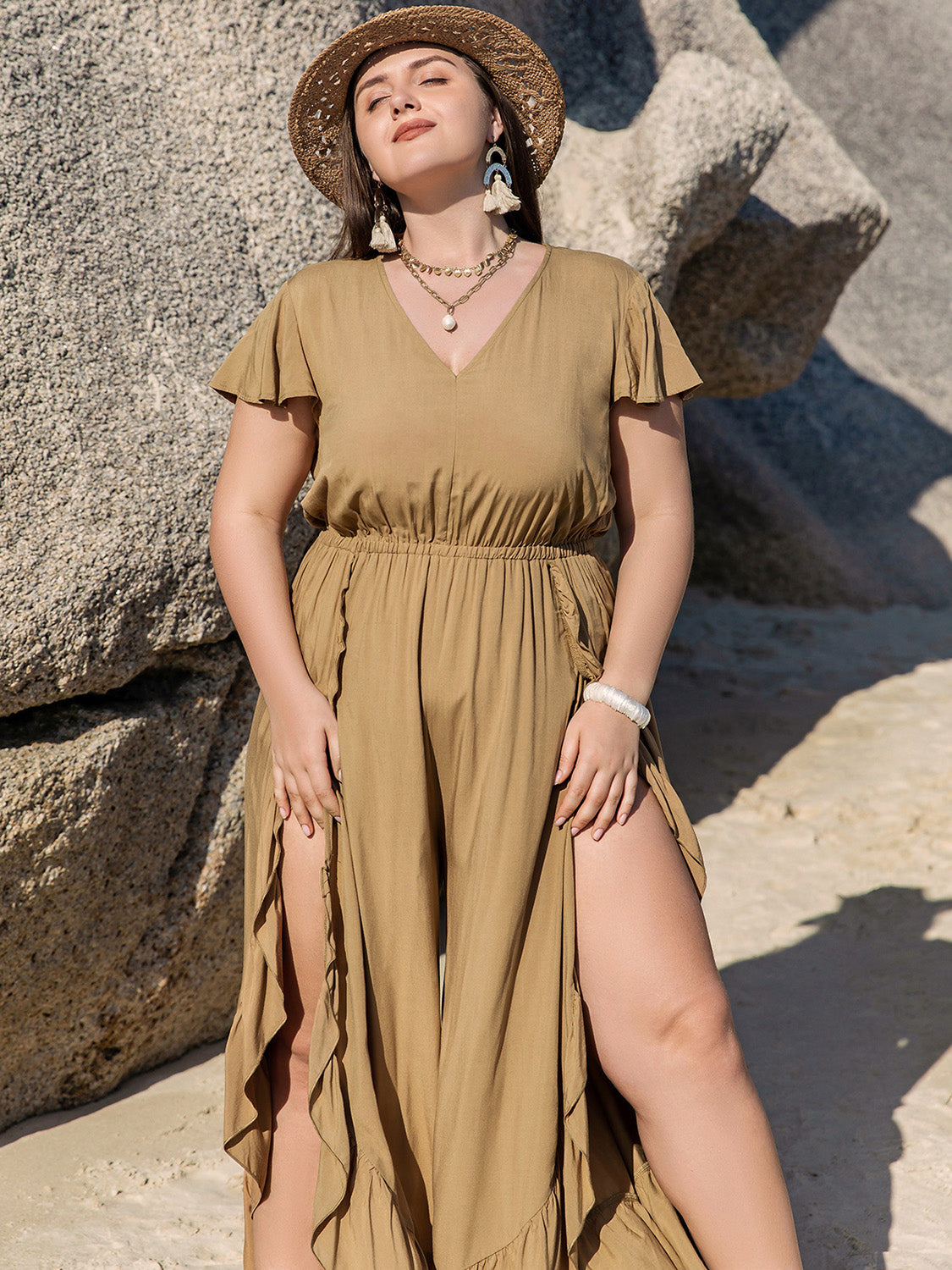 Plus Size Slit Ruffled V-Neck Jumpsuit - where wild roots grows