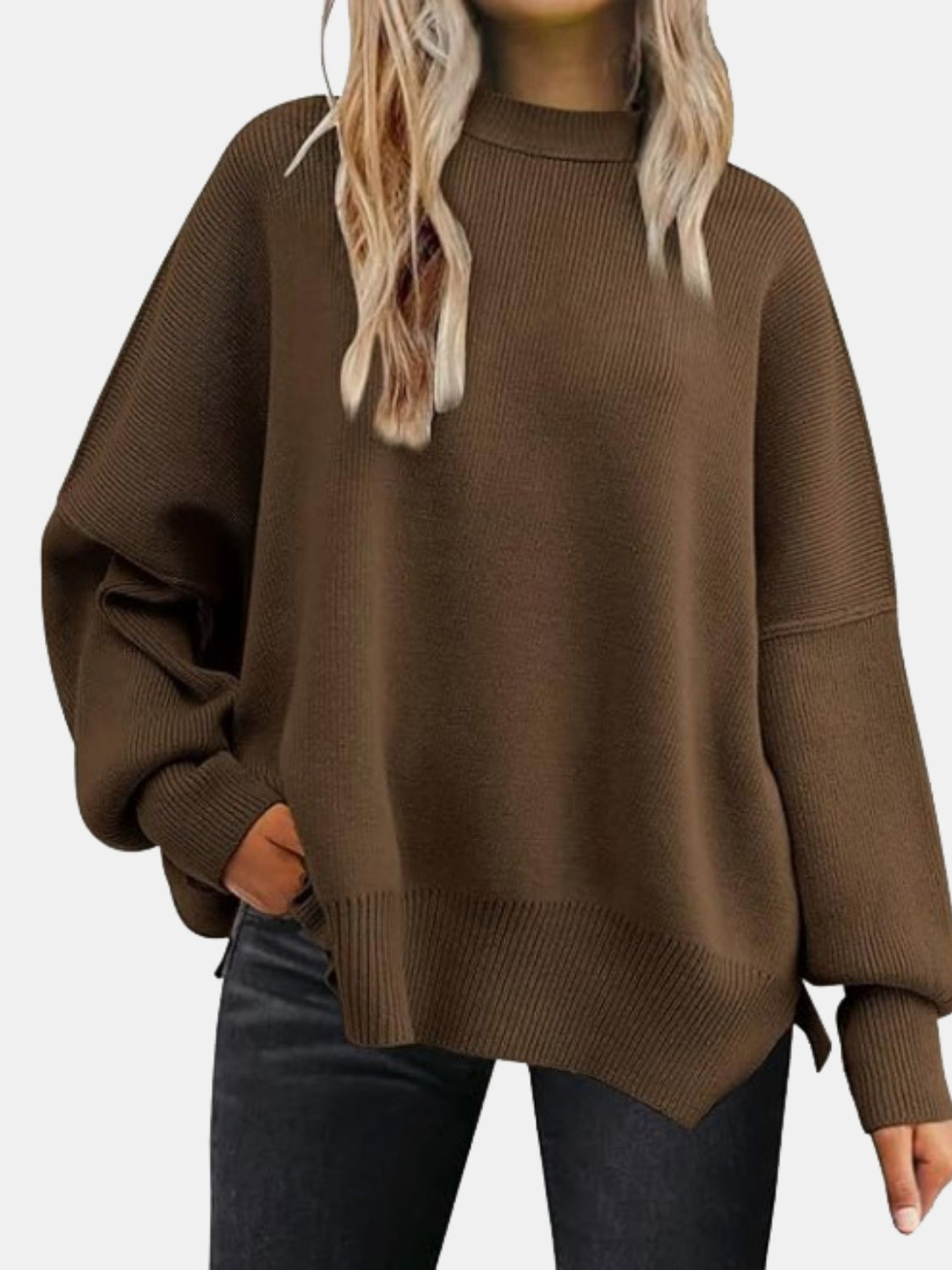 Round Neck Drop Shoulder Slit Sweater - where wild roots grows