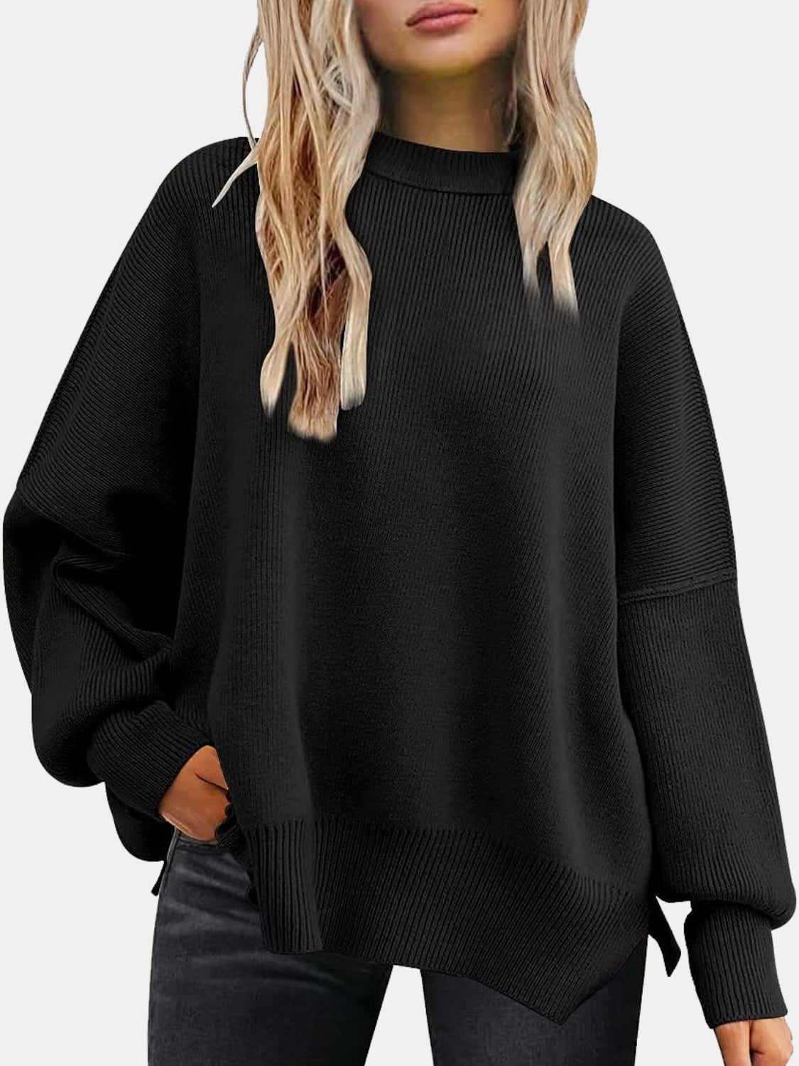 Round Neck Drop Shoulder Slit Sweater - where wild roots grows