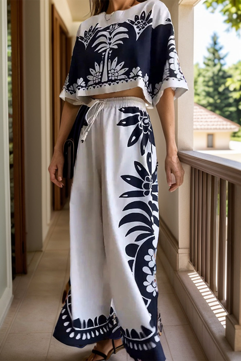 Printed Half Sleeve Top and Wide Leg Pants Set - where wild roots grows