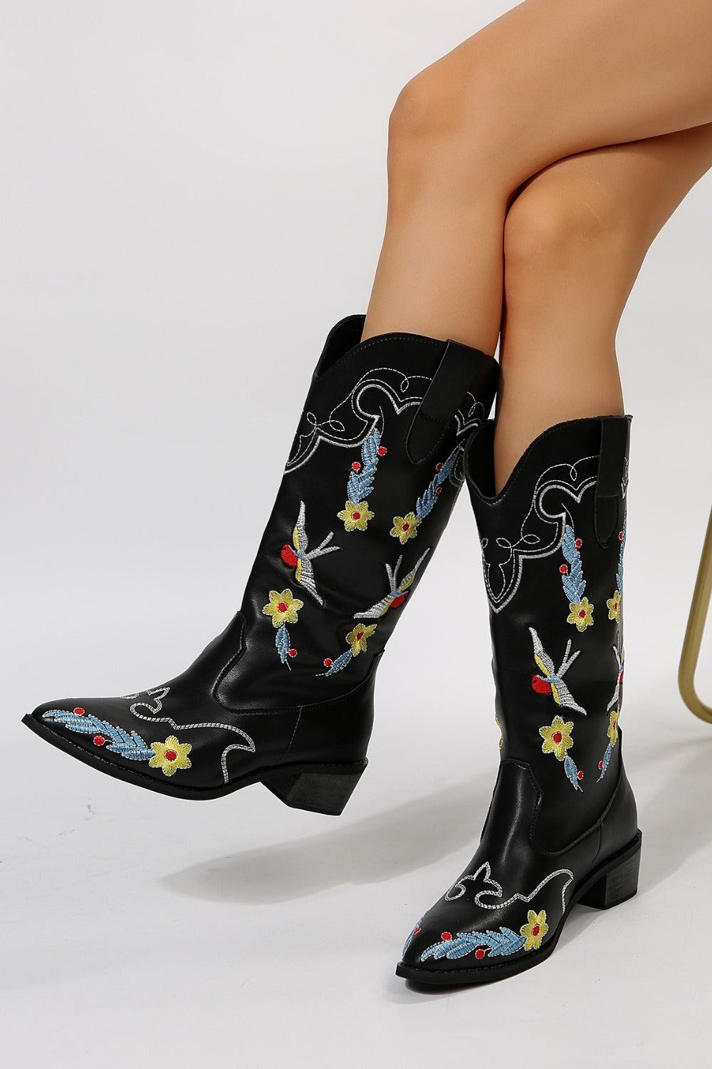 Embroidered Point Toe Block Heel Boots - where wild roots grows