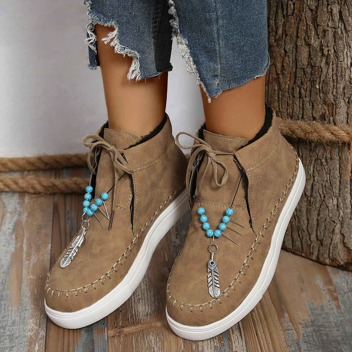 Tied Bead Trim Platform Sneakers - where wild roots grows