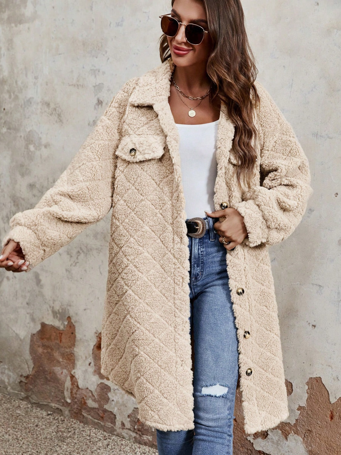 Fuzzy Button Up Dropped Shoulder Long Sleeve Coat - where wild roots grows