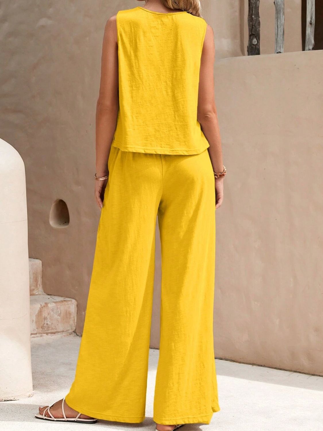 Round Neck Sleeveless Top and Wide Leg Pants Set - where wild roots grows