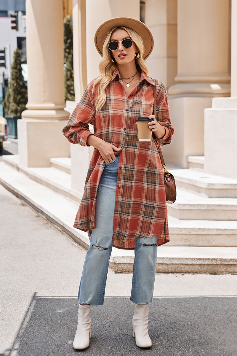 Mandy Plaid Collared Neck Long Sleeve Coat - where wild roots grows