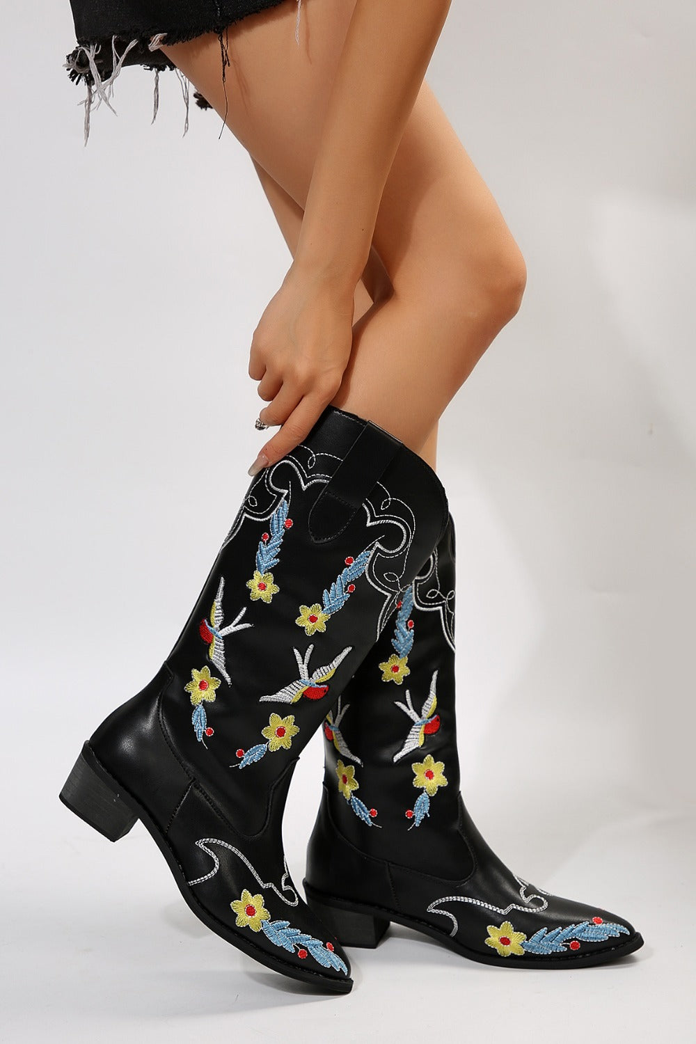 Embroidered Point Toe Block Heel Boots - where wild roots grows