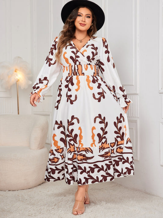 Honey Plus Size Printed Surplice Flounce Sleeve Dress - where wild roots grows