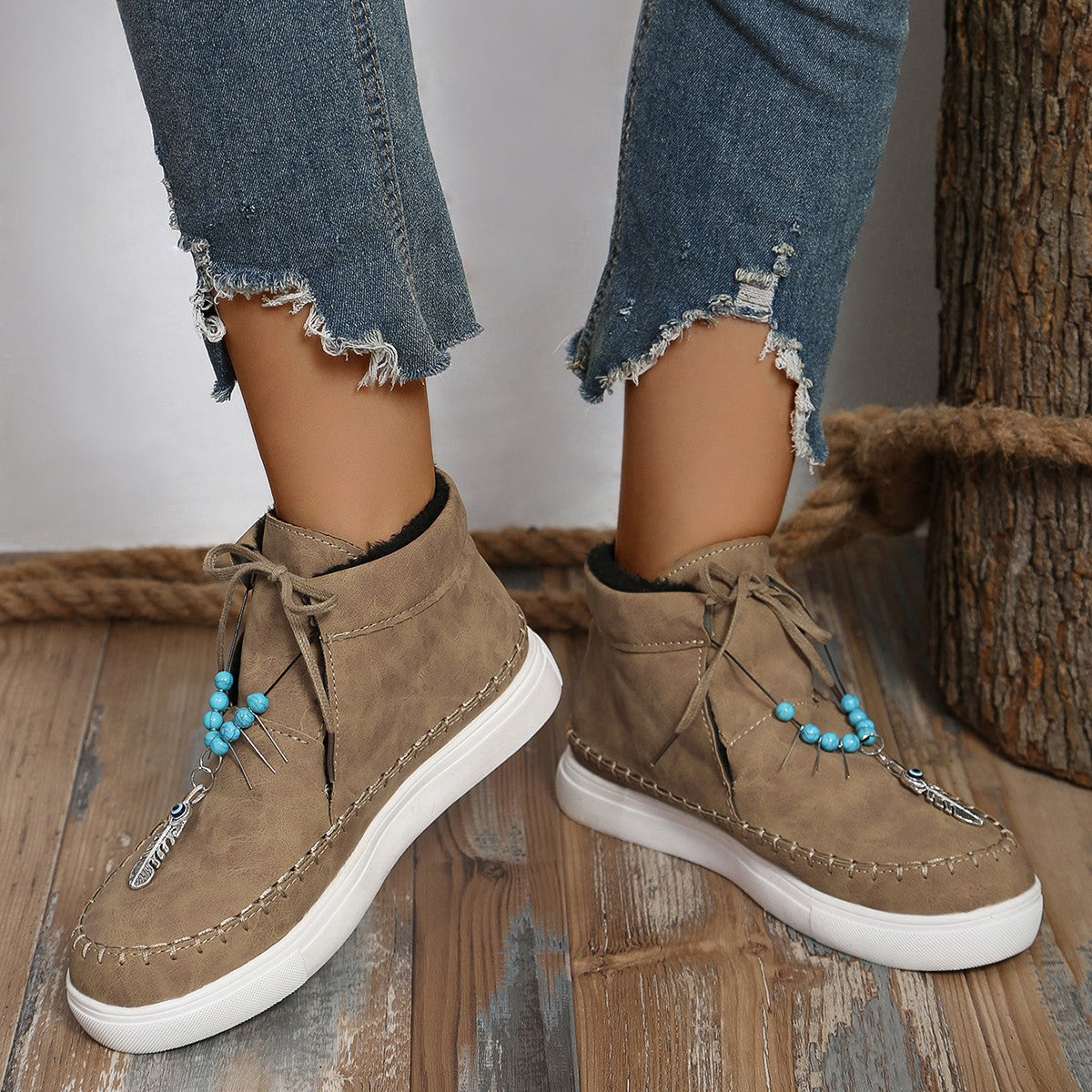 Tied Bead Trim Platform Sneakers - where wild roots grows