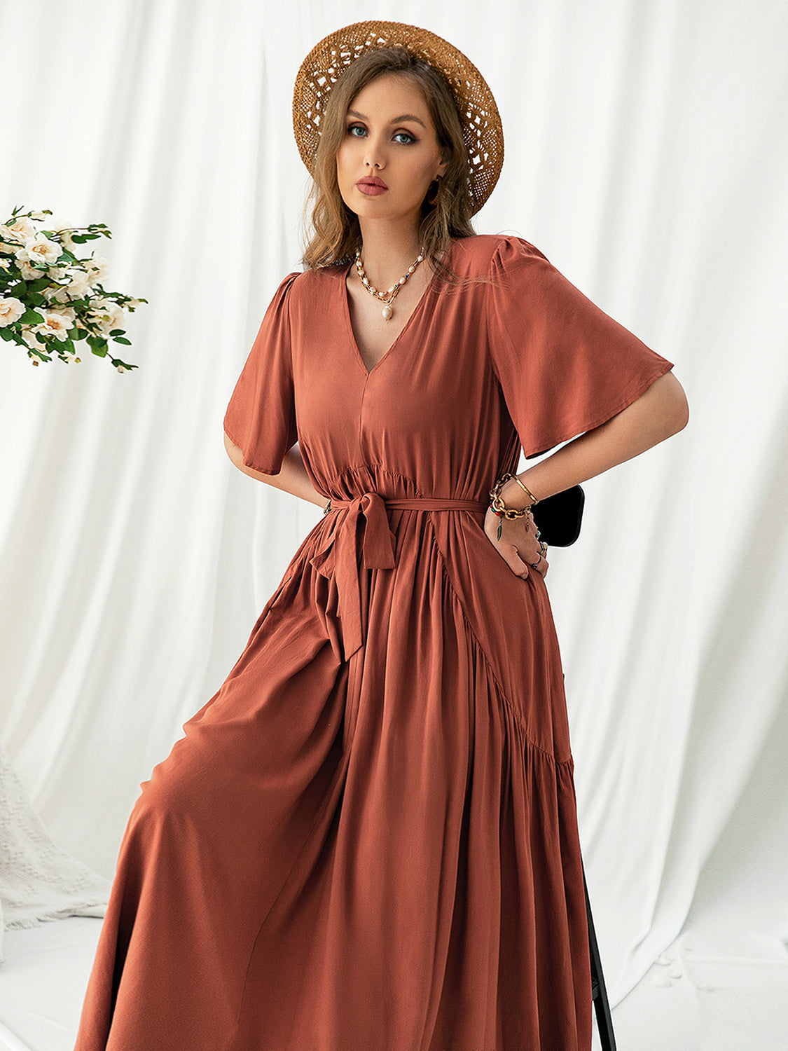 Plus Size V-Neck Flutter Sleeve Midi Dress - where wild roots grows