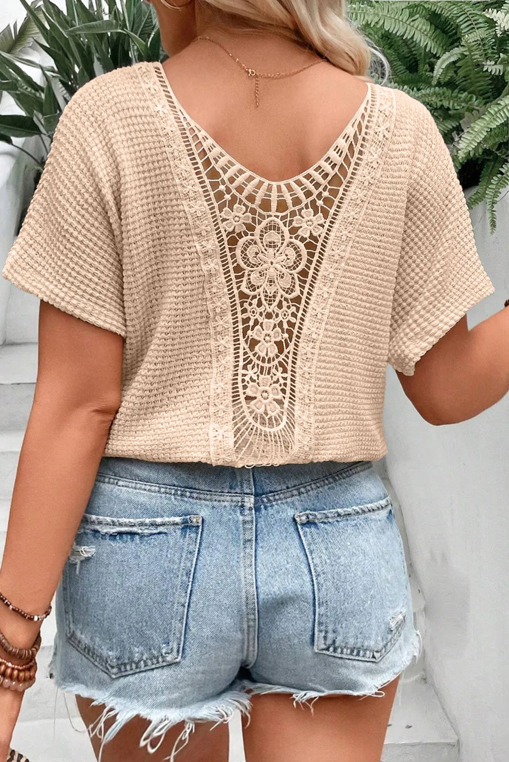 Plus Size Textured Lace Round Neck Short Sleeve T-Shirt - where wild roots grows