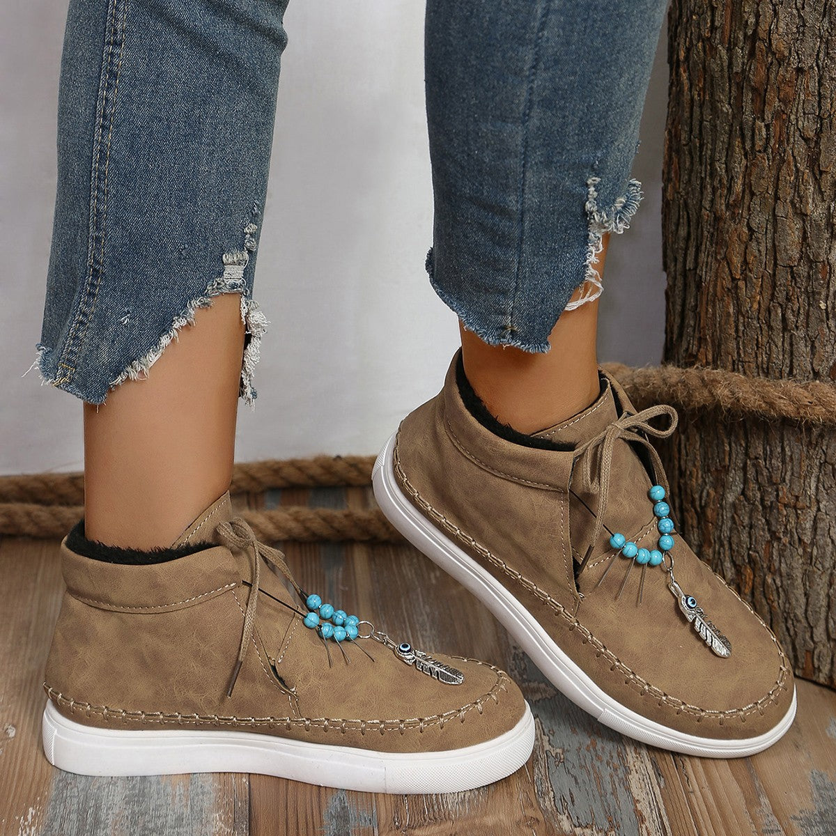 Tied Bead Trim Platform Sneakers - where wild roots grows