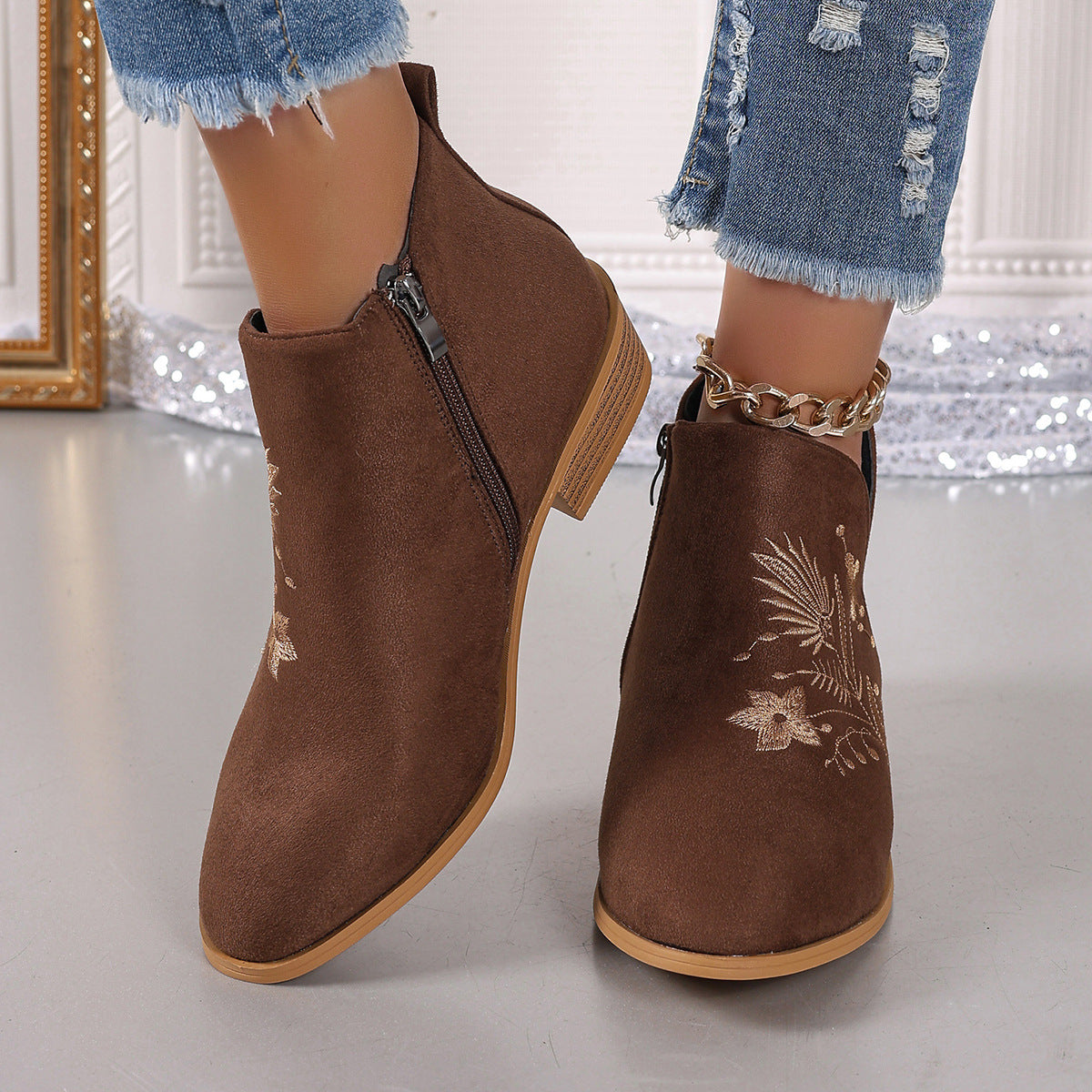 Embroidered Suede Point Toe Block Heel Boots - where wild roots grows