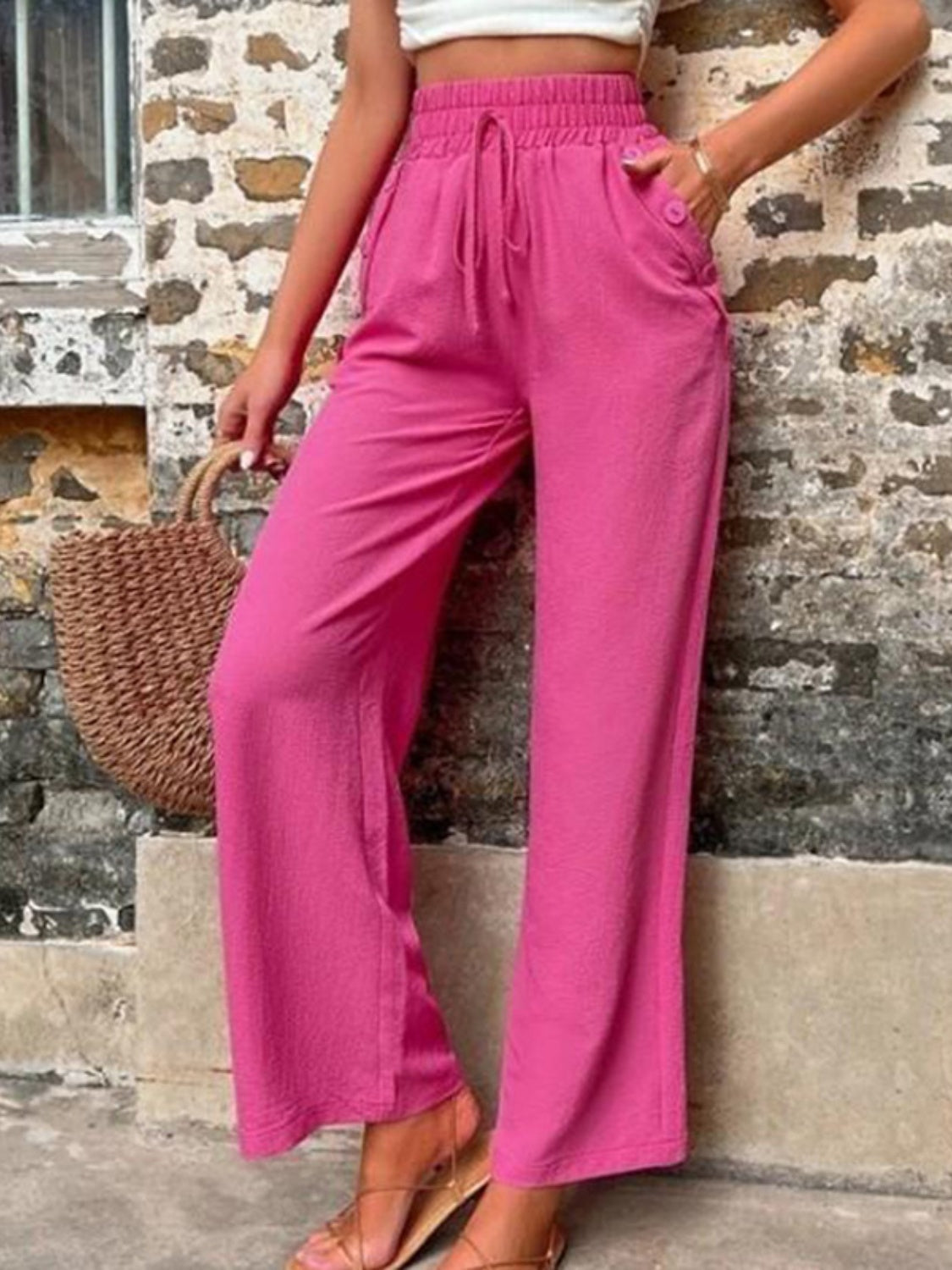 Tied High Waist Wide Leg Pants with Pockets - where wild roots grows