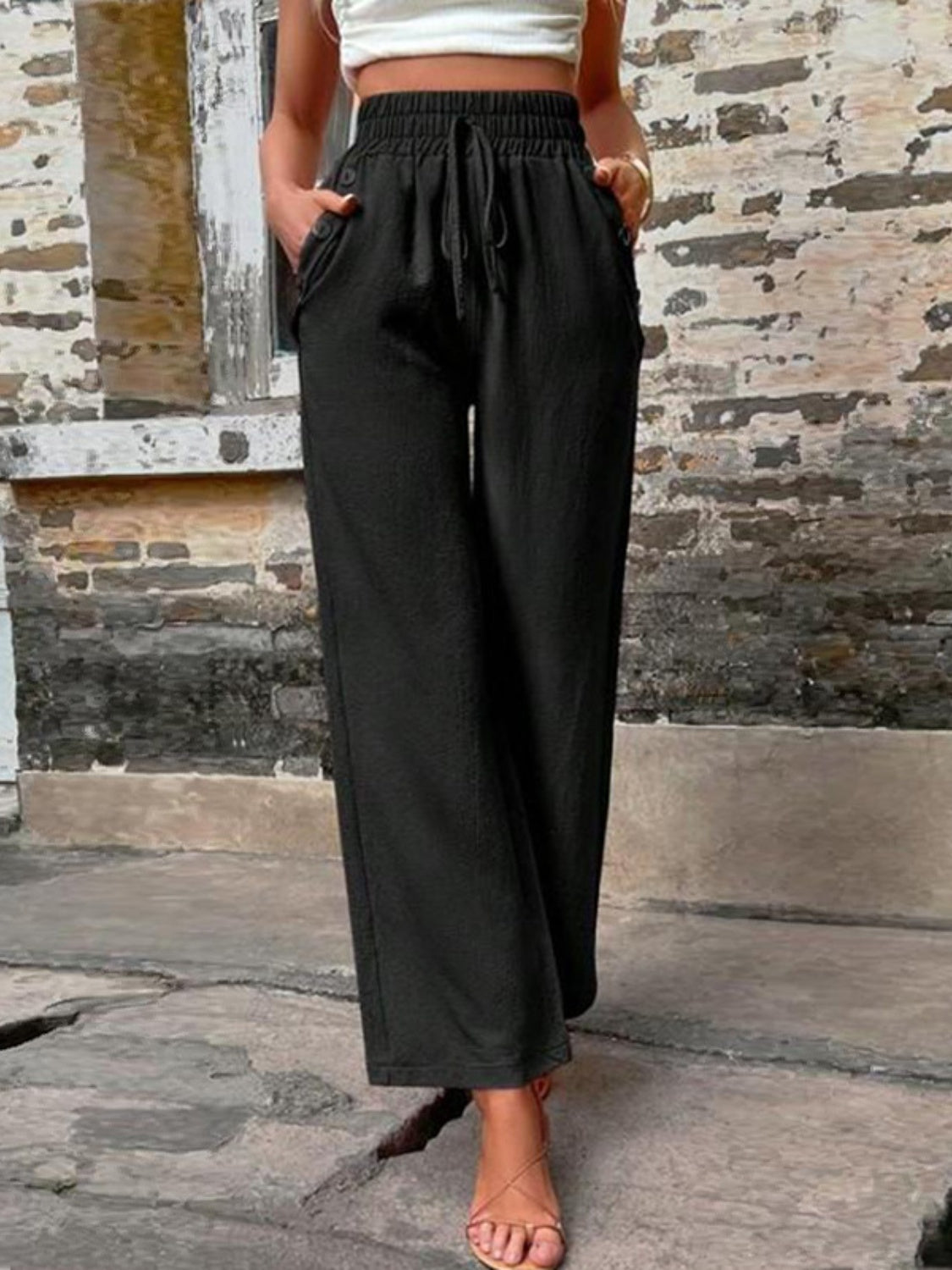 Tied High Waist Wide Leg Pants with Pockets - where wild roots grows