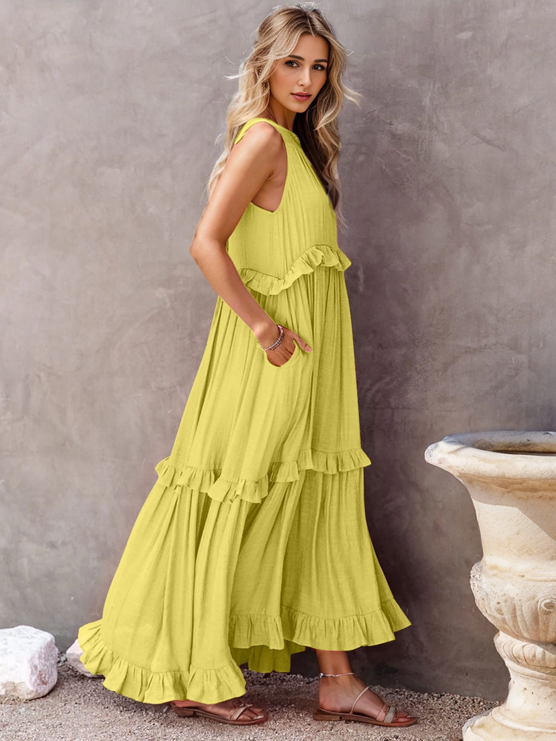 Ruffled Sleeveless Tiered Maxi Dress with Pockets - where wild roots grows