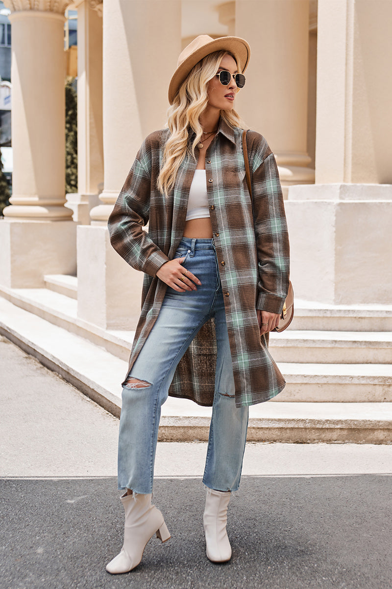 Mandy Plaid Collared Neck Long Sleeve Coat - where wild roots grows