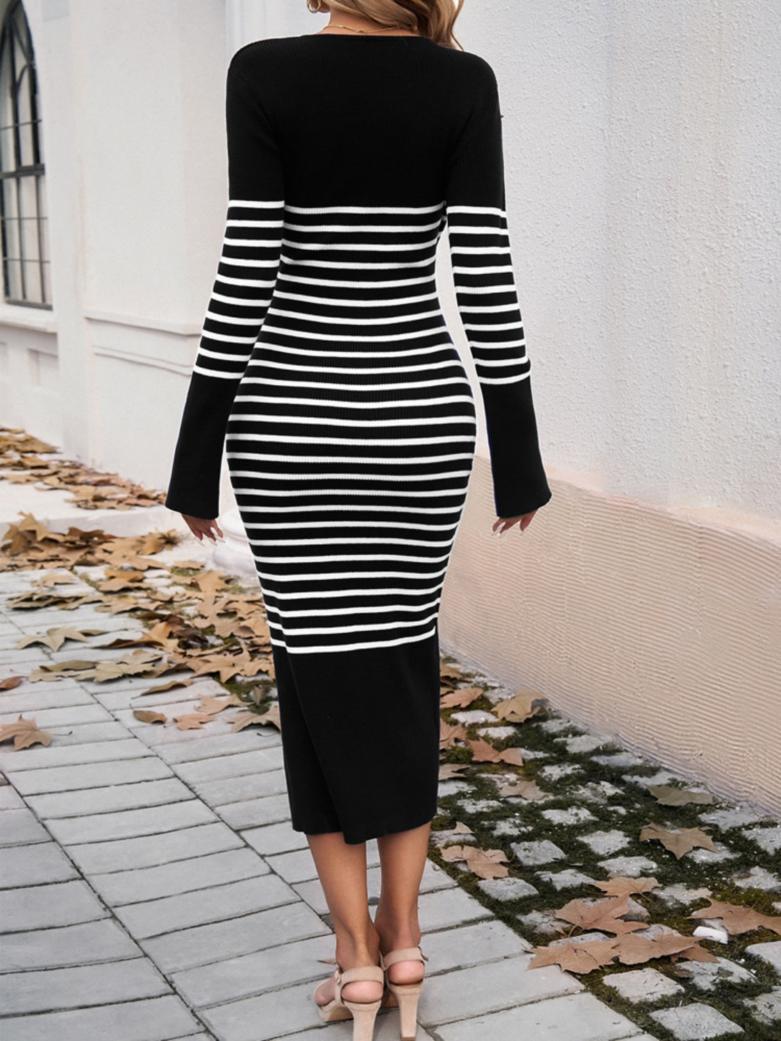 Devine Striped V-Neck Long Sleeve Sweater Dress - where wild roots grows