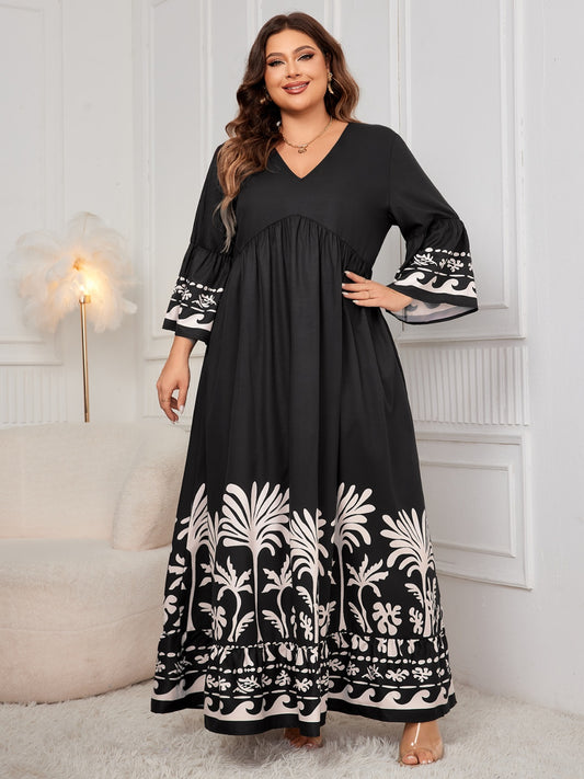 Honey Plus Size Printed V-Neck Long Sleeve Maxi Dress - where wild roots grows