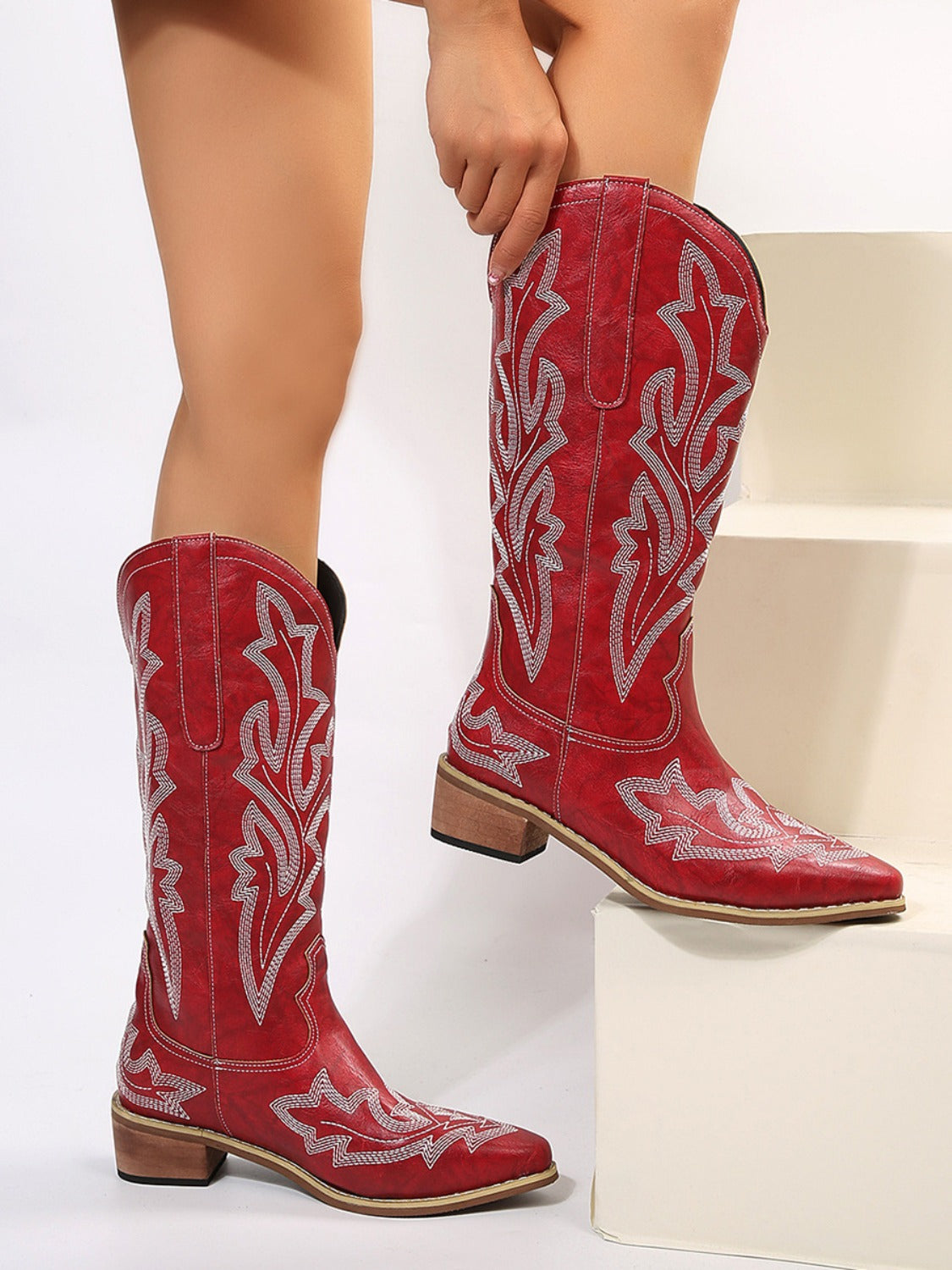 PU Leather Embroidered Geometric Point Toe Boots - where wild roots grows