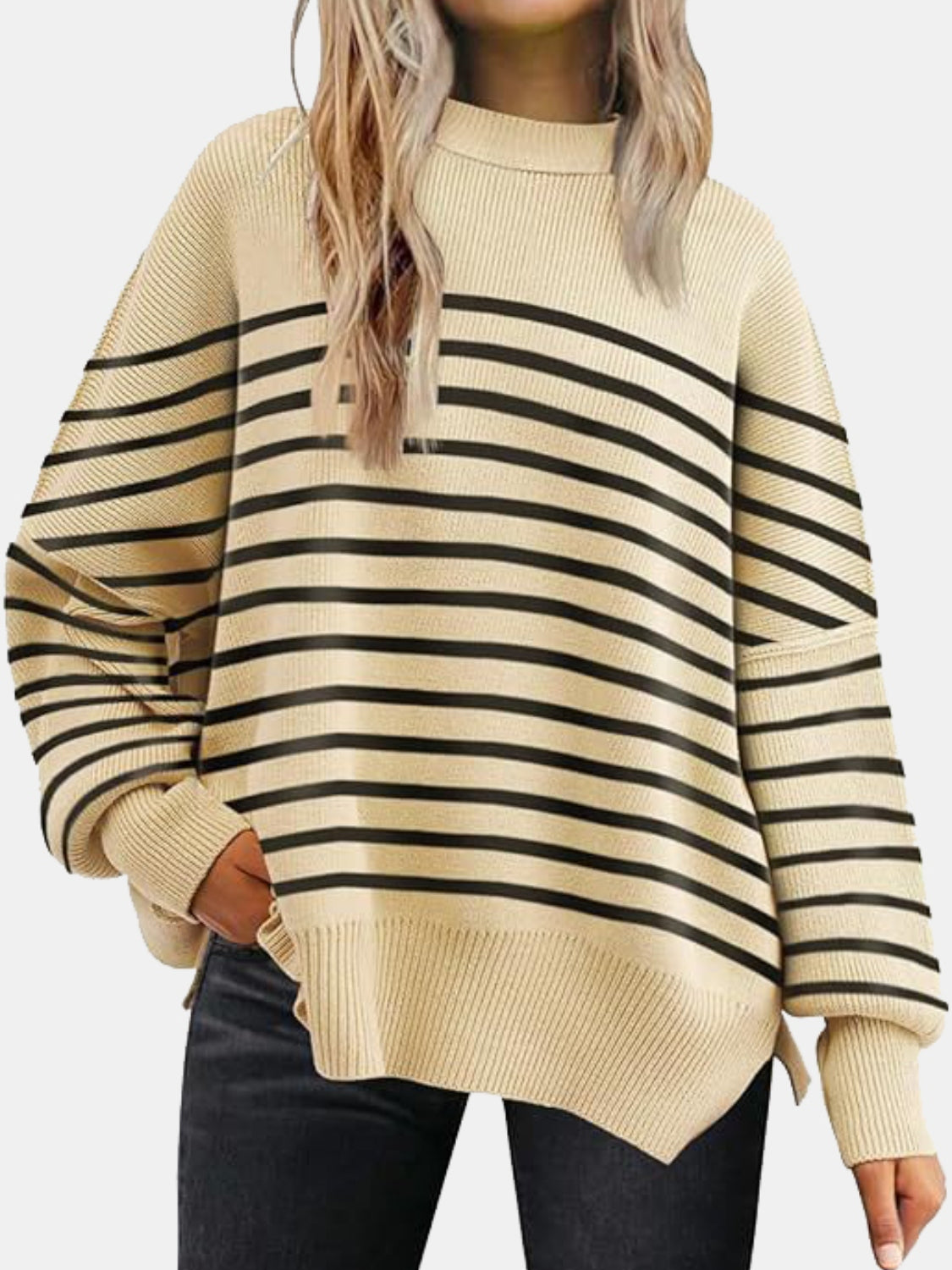 Round Neck Drop Shoulder Slit Sweater - where wild roots grows