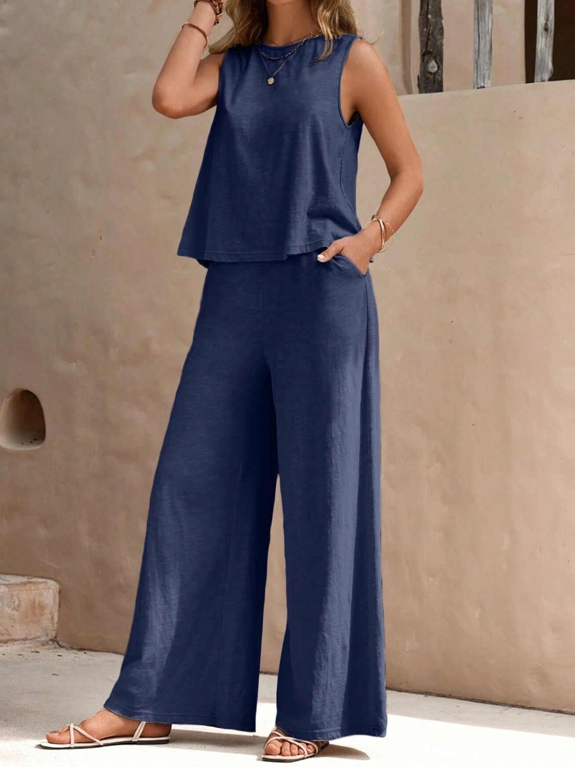 Round Neck Sleeveless Top and Wide Leg Pants Set - where wild roots grows