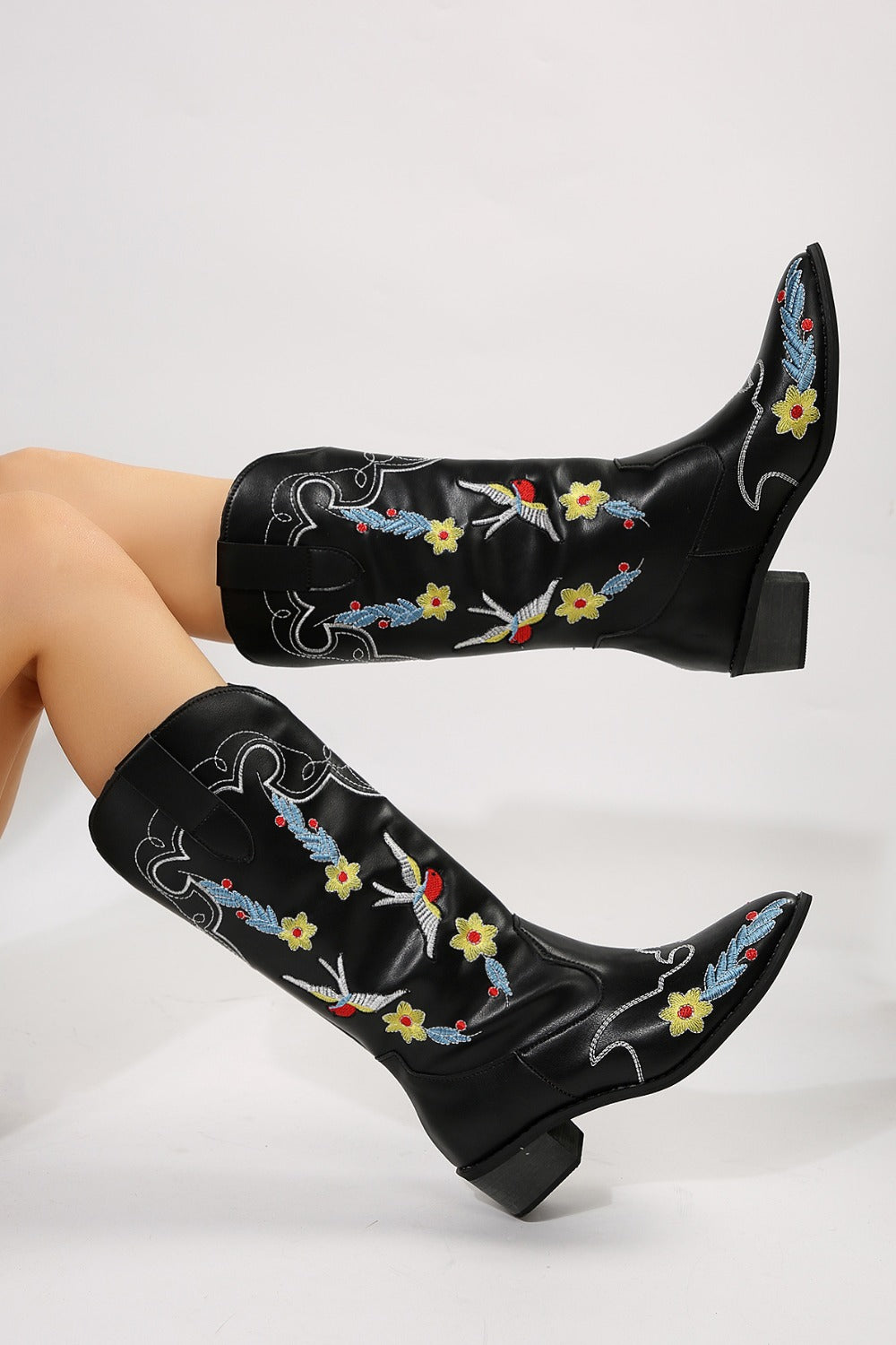 Embroidered Point Toe Block Heel Boots - where wild roots grows