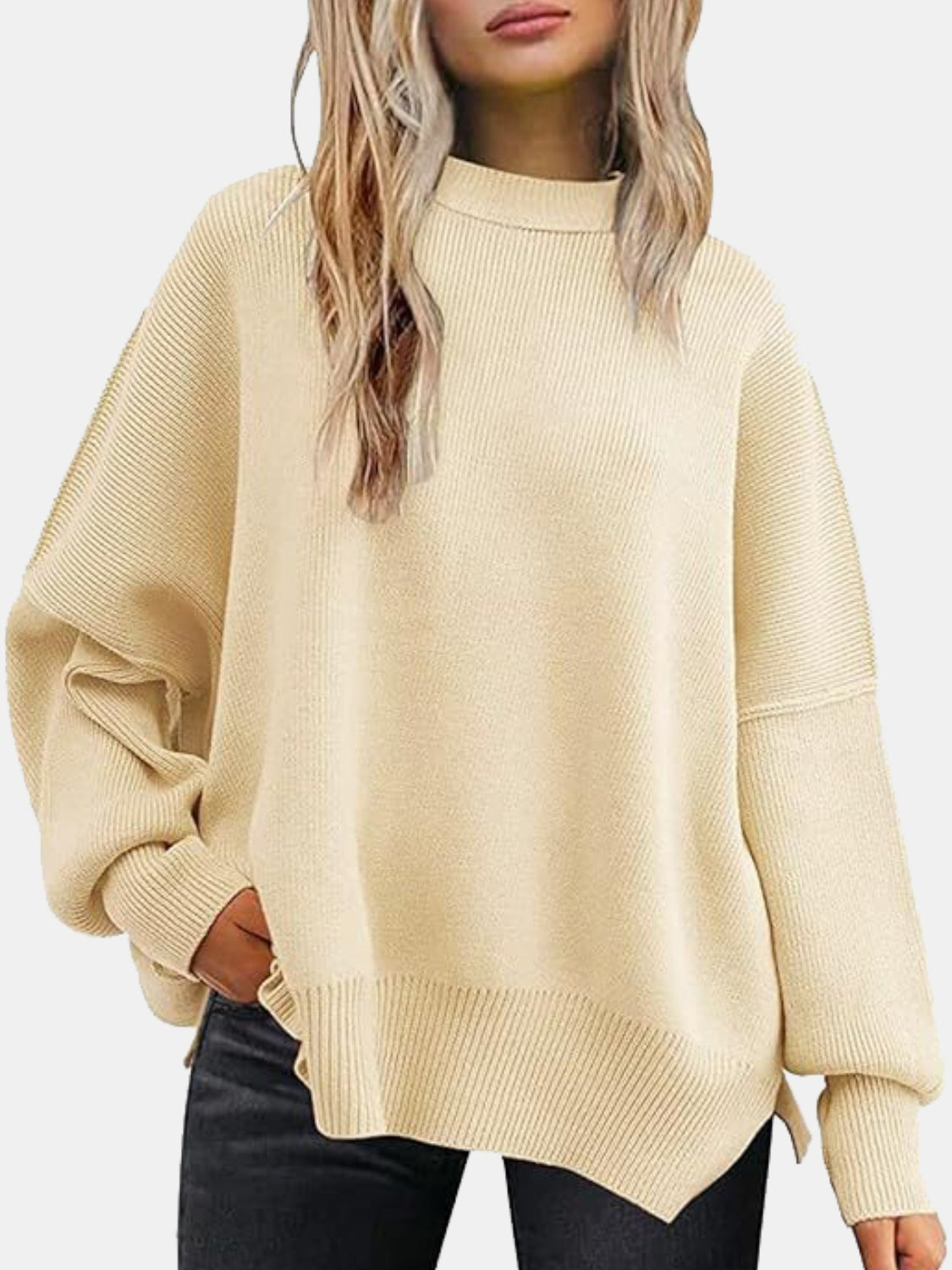 Round Neck Drop Shoulder Slit Sweater - where wild roots grows