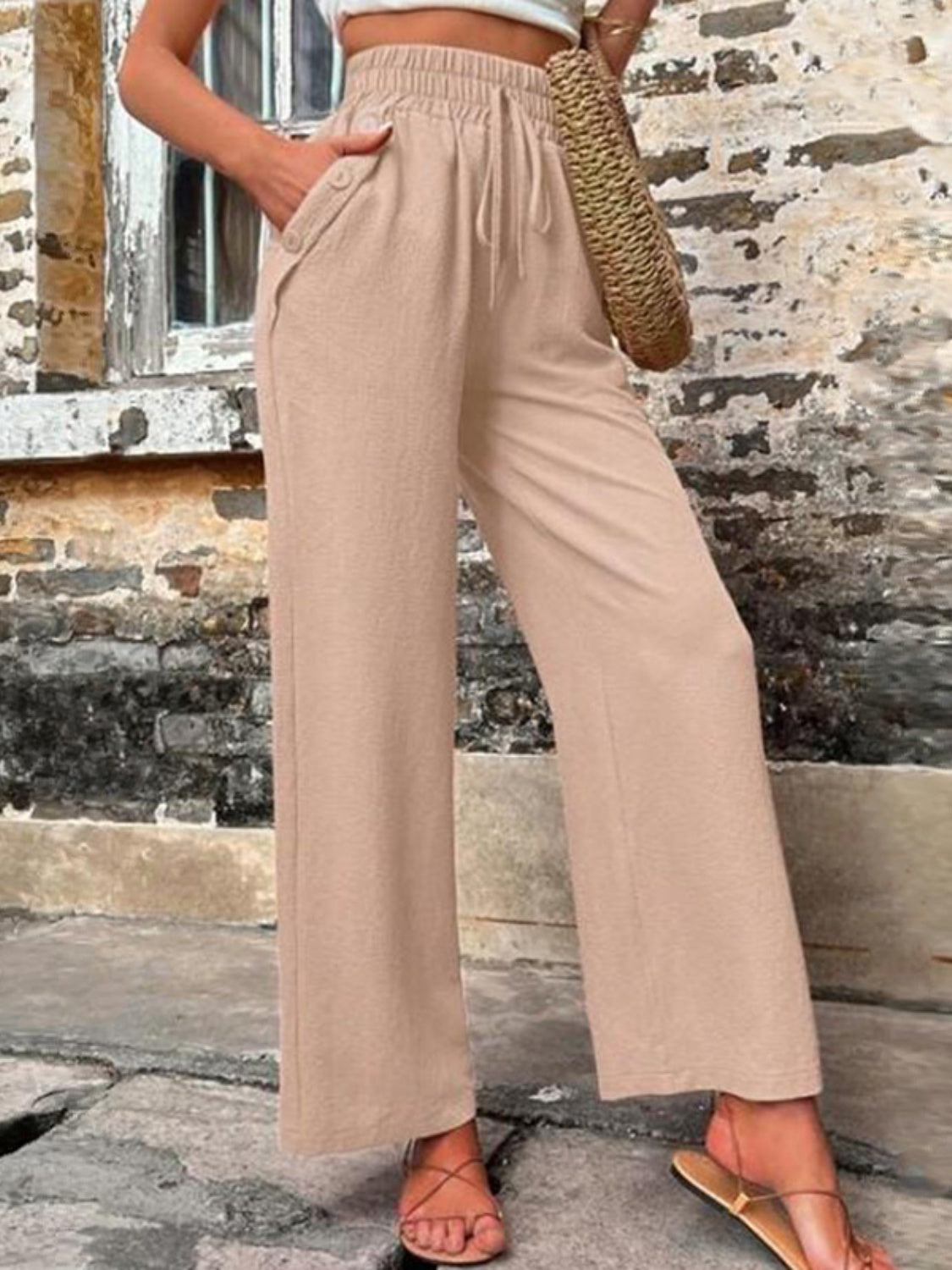 Tied High Waist Wide Leg Pants with Pockets - where wild roots grows