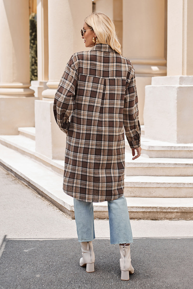 Mandy Plaid Collared Neck Long Sleeve Coat - where wild roots grows