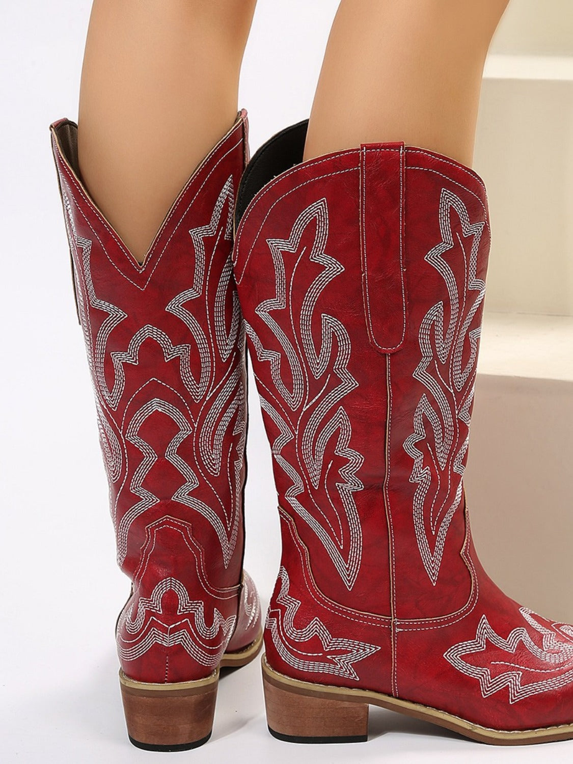 PU Leather Embroidered Geometric Point Toe Boots - where wild roots grows