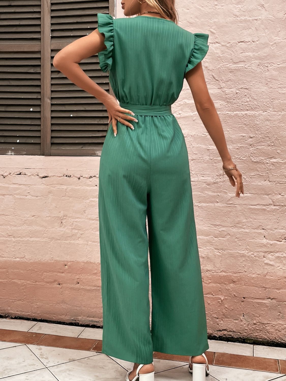 Ruffled Surplice Cap Sleeve Jumpsuit - where wild roots grows