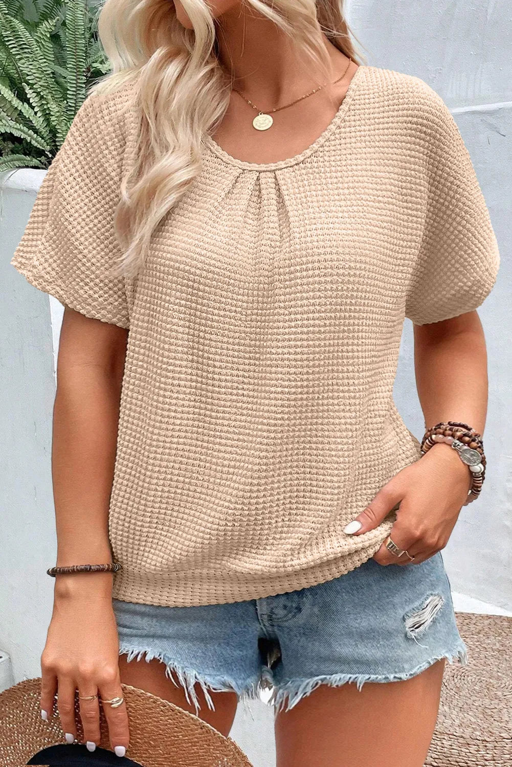 Plus Size Textured Lace Round Neck Short Sleeve T-Shirt - where wild roots grows