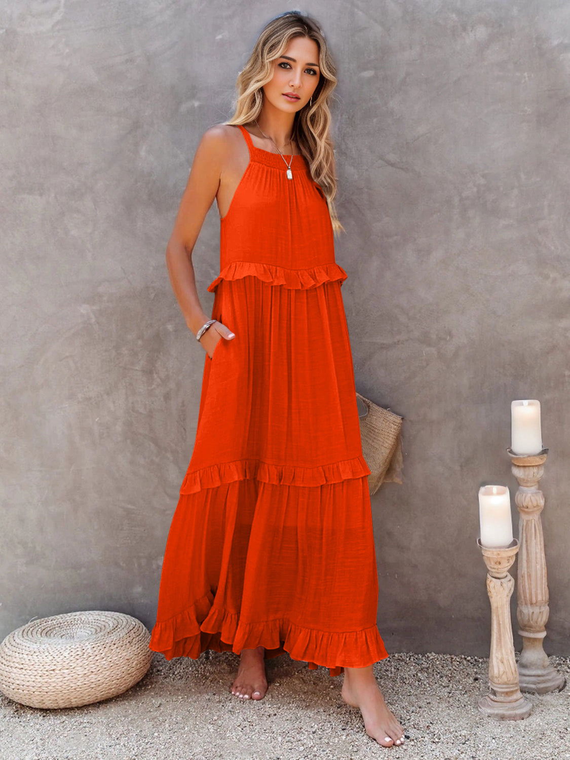 Ruffled Sleeveless Tiered Maxi Dress with Pockets - where wild roots grows