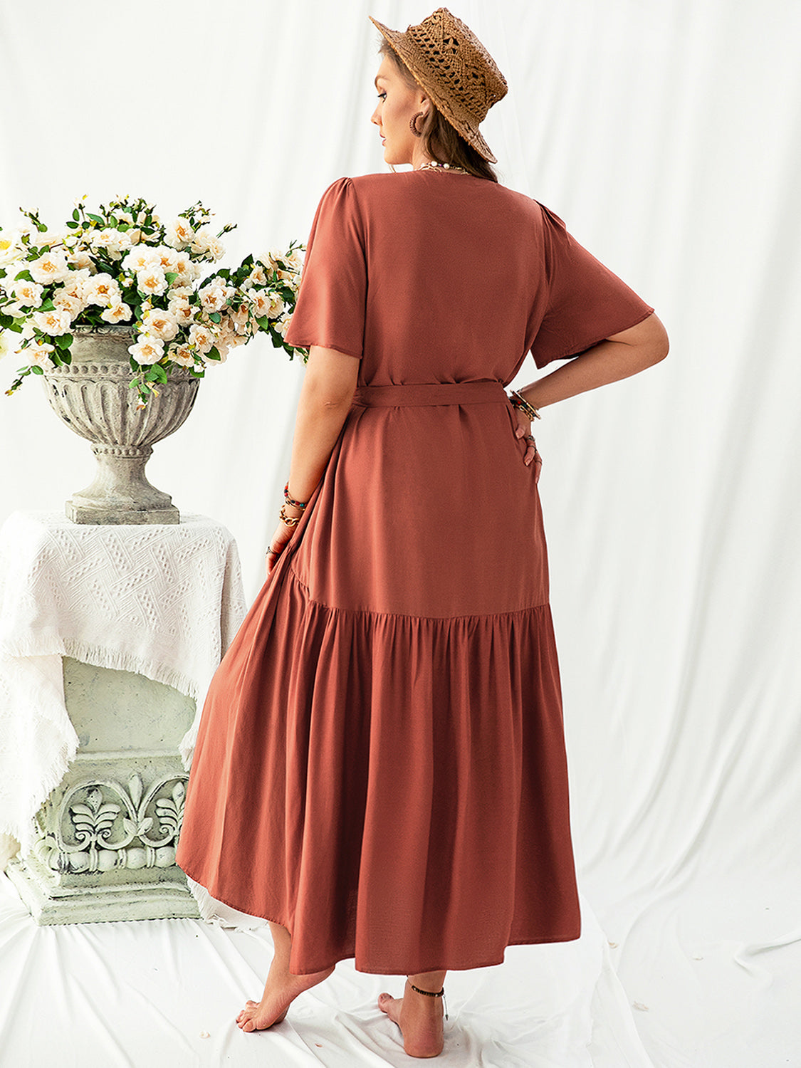 Plus Size V-Neck Flutter Sleeve Midi Dress - where wild roots grows