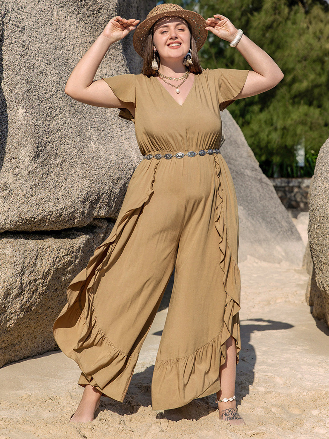 Plus Size Slit Ruffled V-Neck Jumpsuit - where wild roots grows