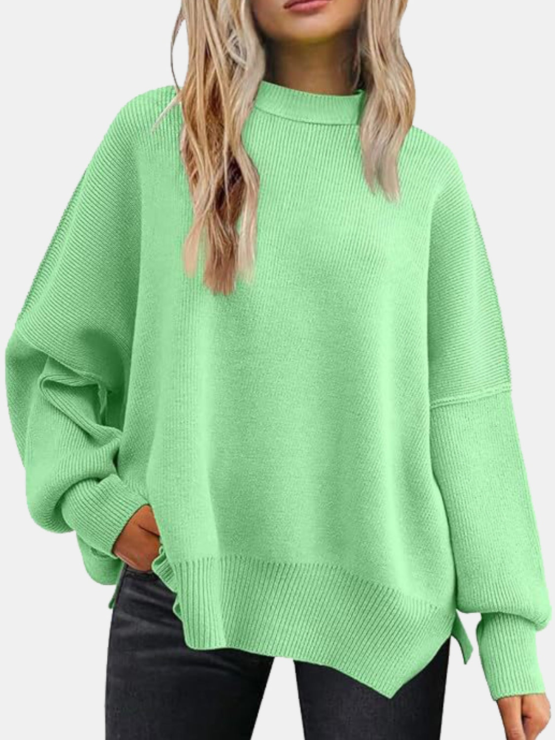 Round Neck Drop Shoulder Slit Sweater - where wild roots grows