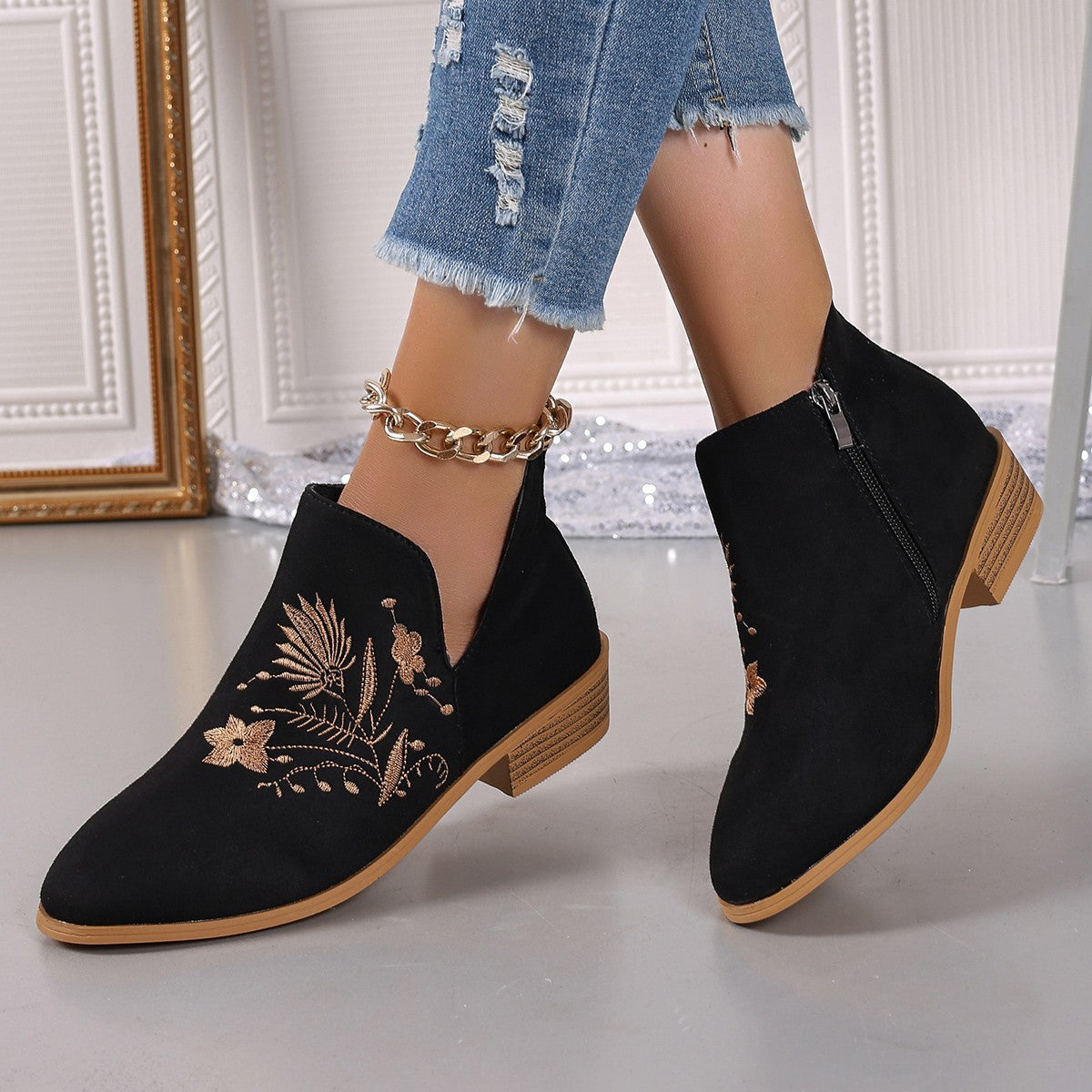 Embroidered Suede Point Toe Block Heel Boots - where wild roots grows