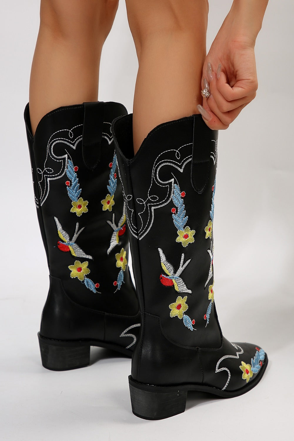 Embroidered Point Toe Block Heel Boots - where wild roots grows